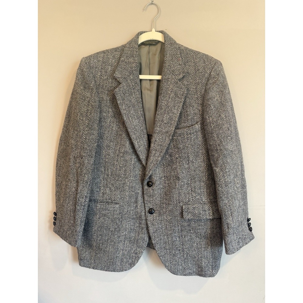 Stanford Harris Tweed Black White Herringbone Blazer Scottish Wool Pit To Pit 21
